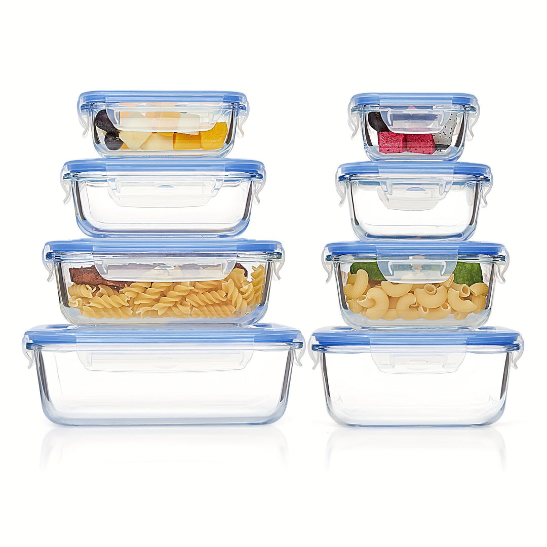 Set aus 8 Glasbehältern für Lebensmittel – Bento-Boxen zur Essensvorbereitung, luftdicht, mit auslaufsicheren Deckeln, geeignet für Mikrowelle, Backofen, Gefrierschrank und Spülmaschine, BPA-frei