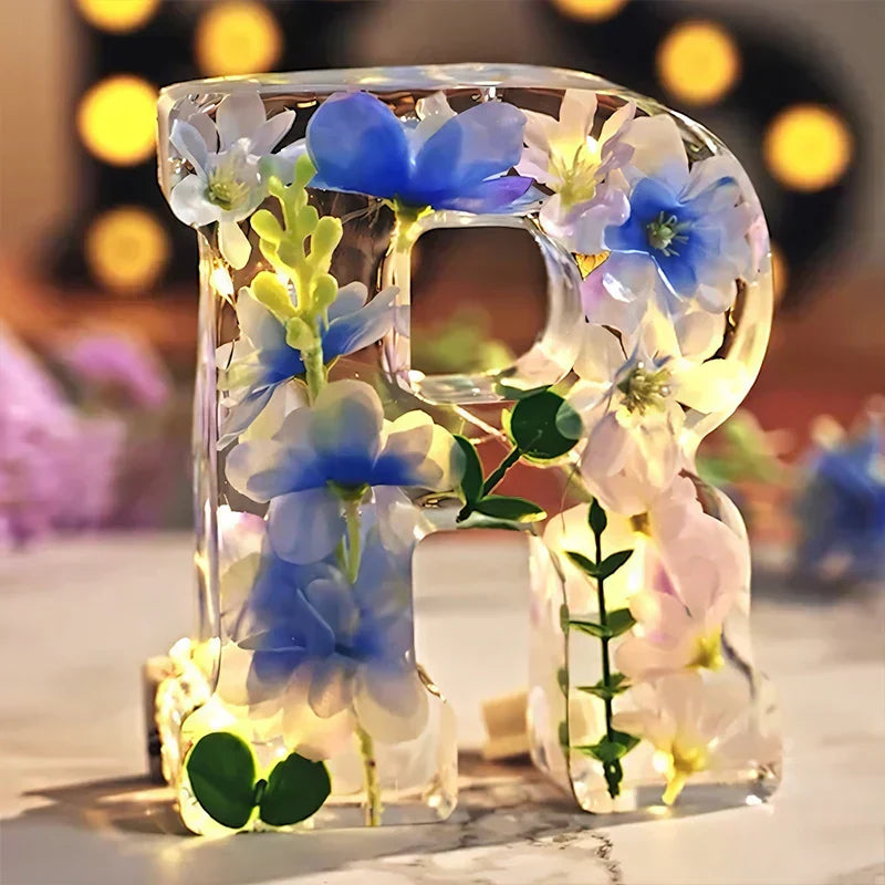 LumiFlair Floral Initial Night Light | Personalised Resin Light with Soft LED Light