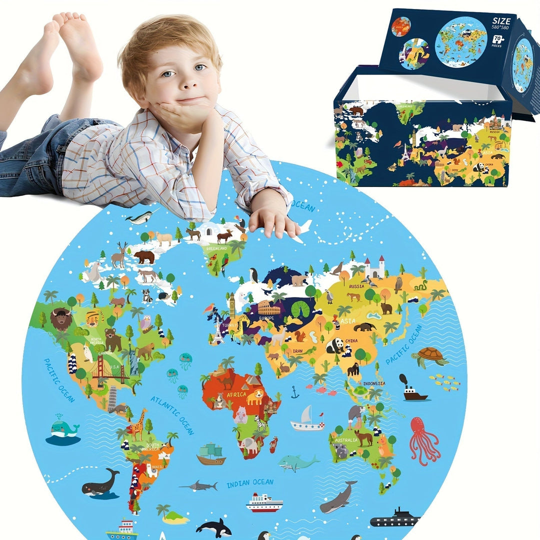 70-Piece Floor Puzzle – Round World Map Design for Children