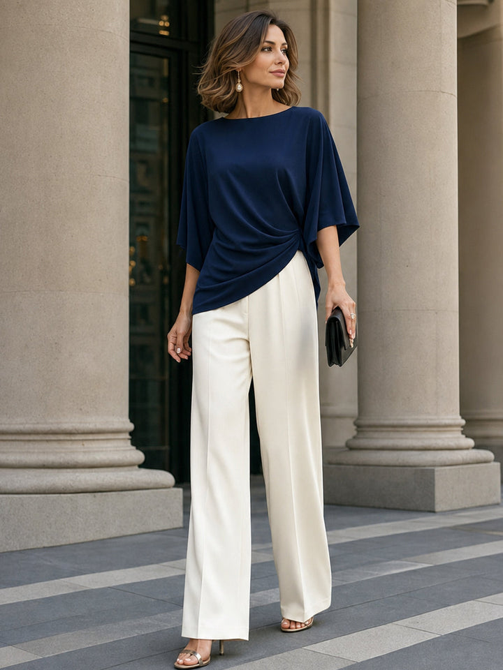 Draped Blouse and Wide-Leg Trousers – Two-Piece Set