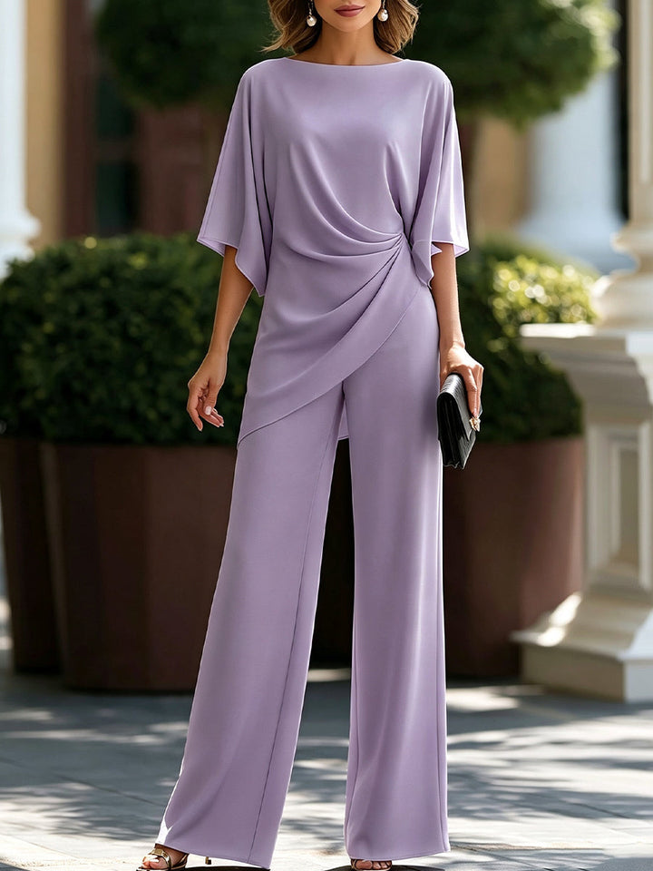 Draped Blouse and Wide-Leg Trousers – Two-Piece Set