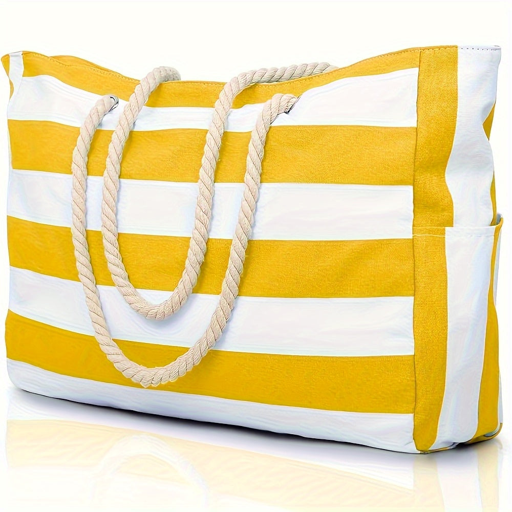 Large-Capacity Striped Beach Bag – Durable Polyester with Zip