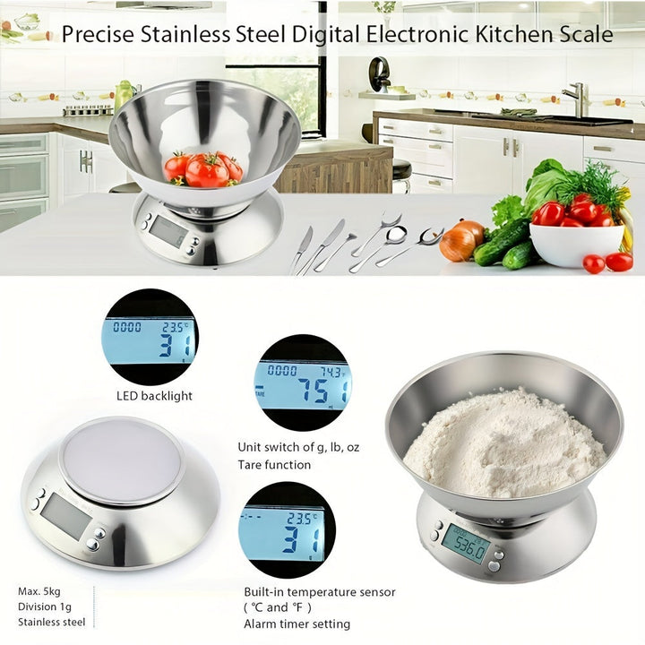 Digital Kitchen Scale with Stainless Steel Bowl – Precision with Temperature Sensor and Timer Function for Cooking and Baking