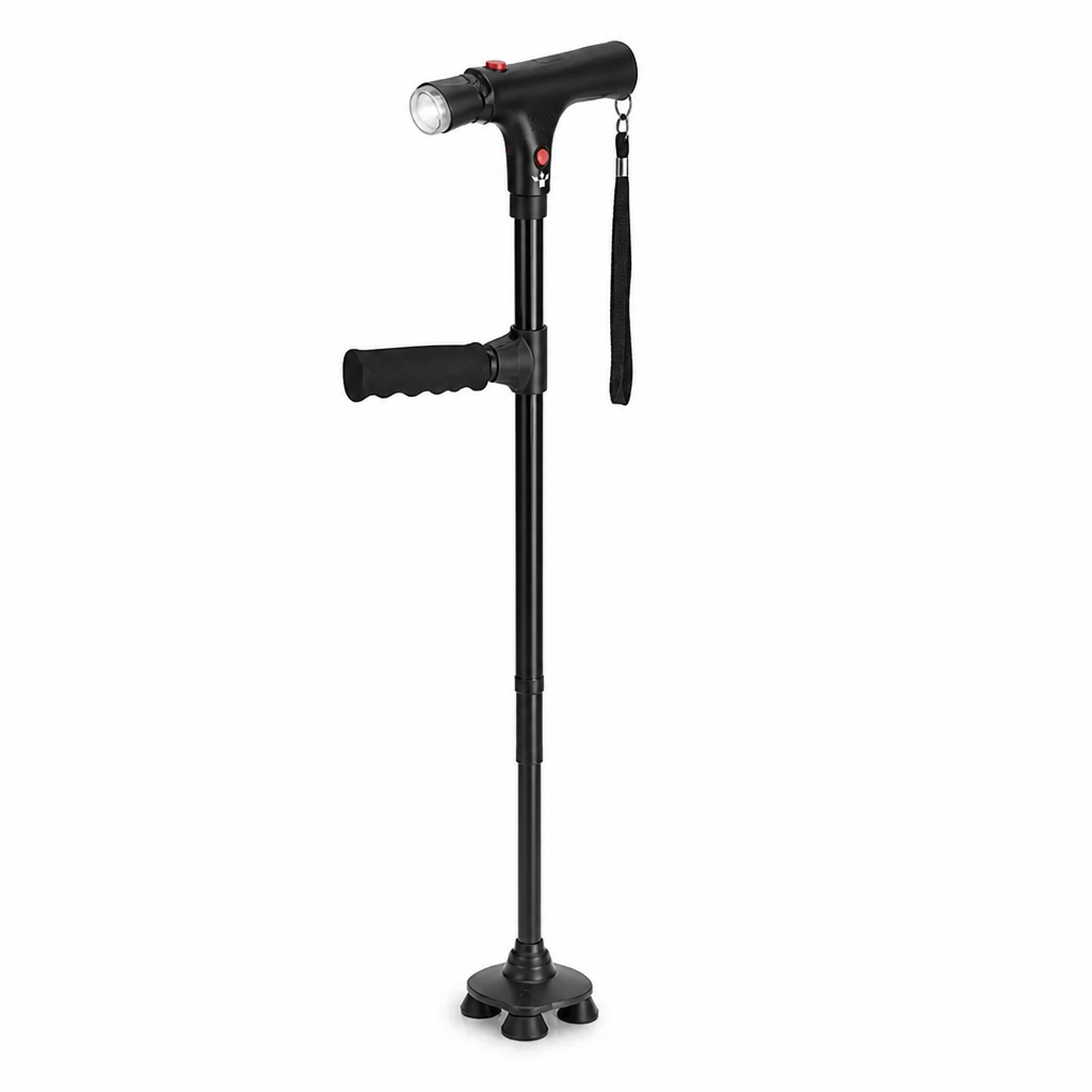 Lightweight Folding Aluminium Walking Stick with 4-Point Base, LED Light and Alarm