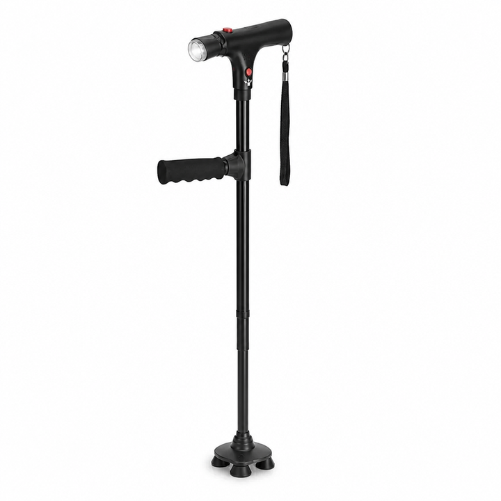 Lightweight Folding Aluminium Walking Stick with 4-Point Base, LED Light and Alarm