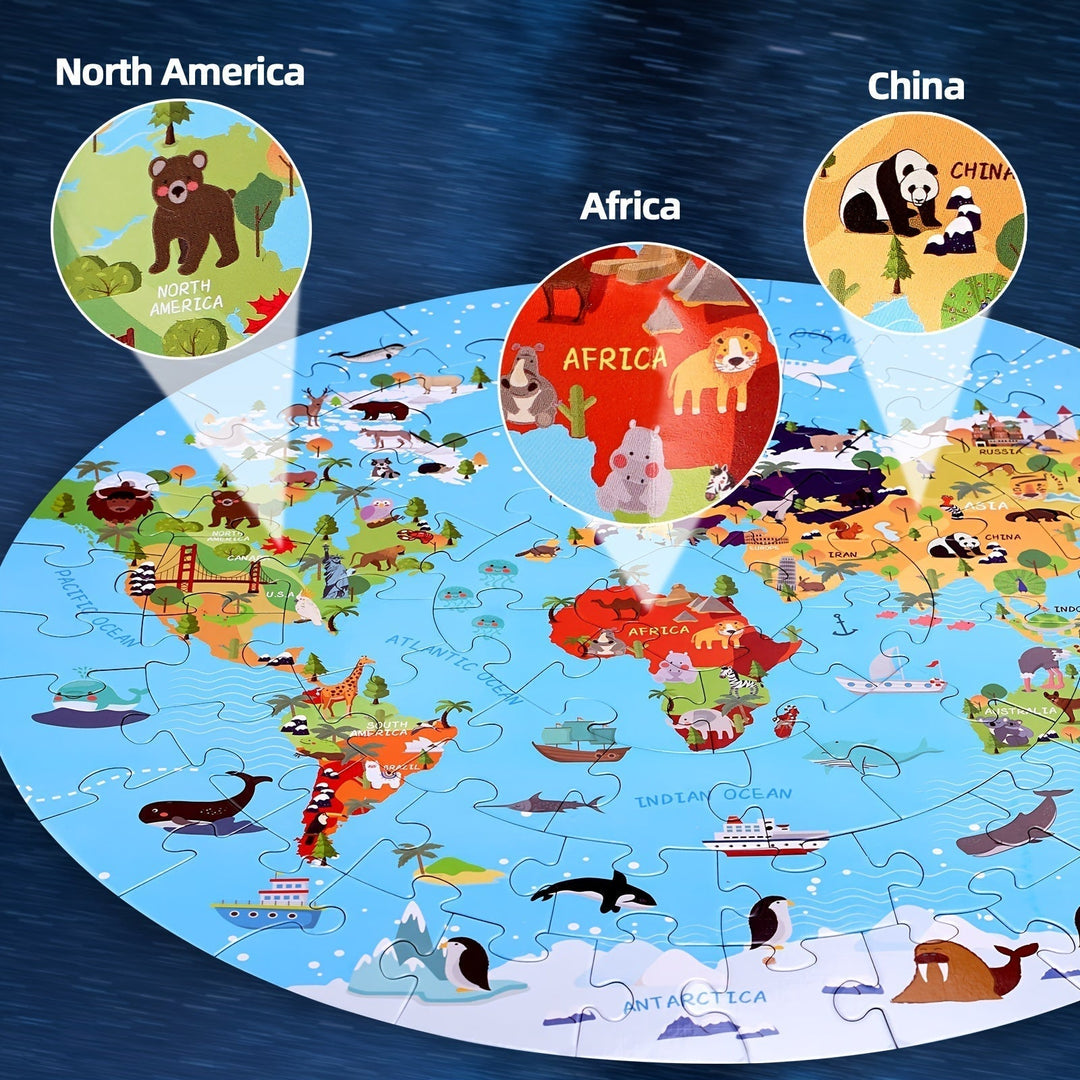 70-Piece Floor Puzzle – Round World Map Design for Children