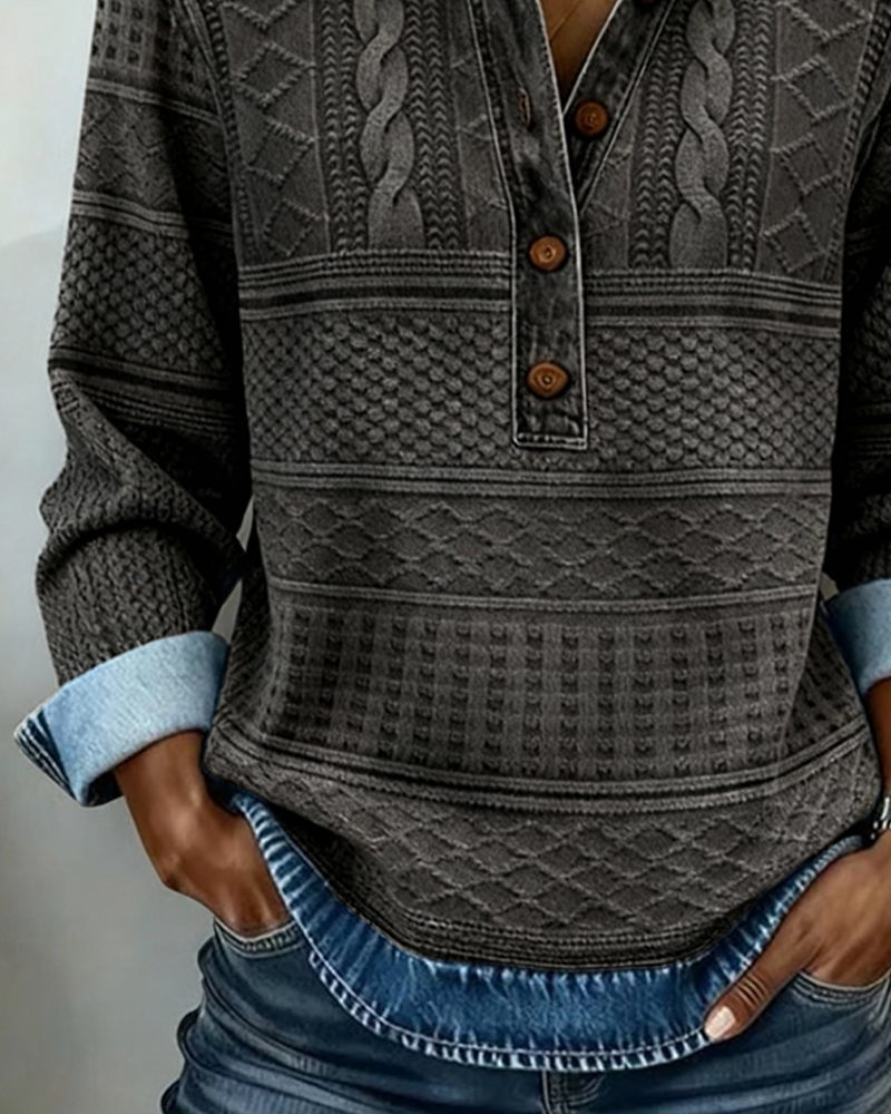 Women's Sweatshirt with Shirt Collar and Patterned Button Placket