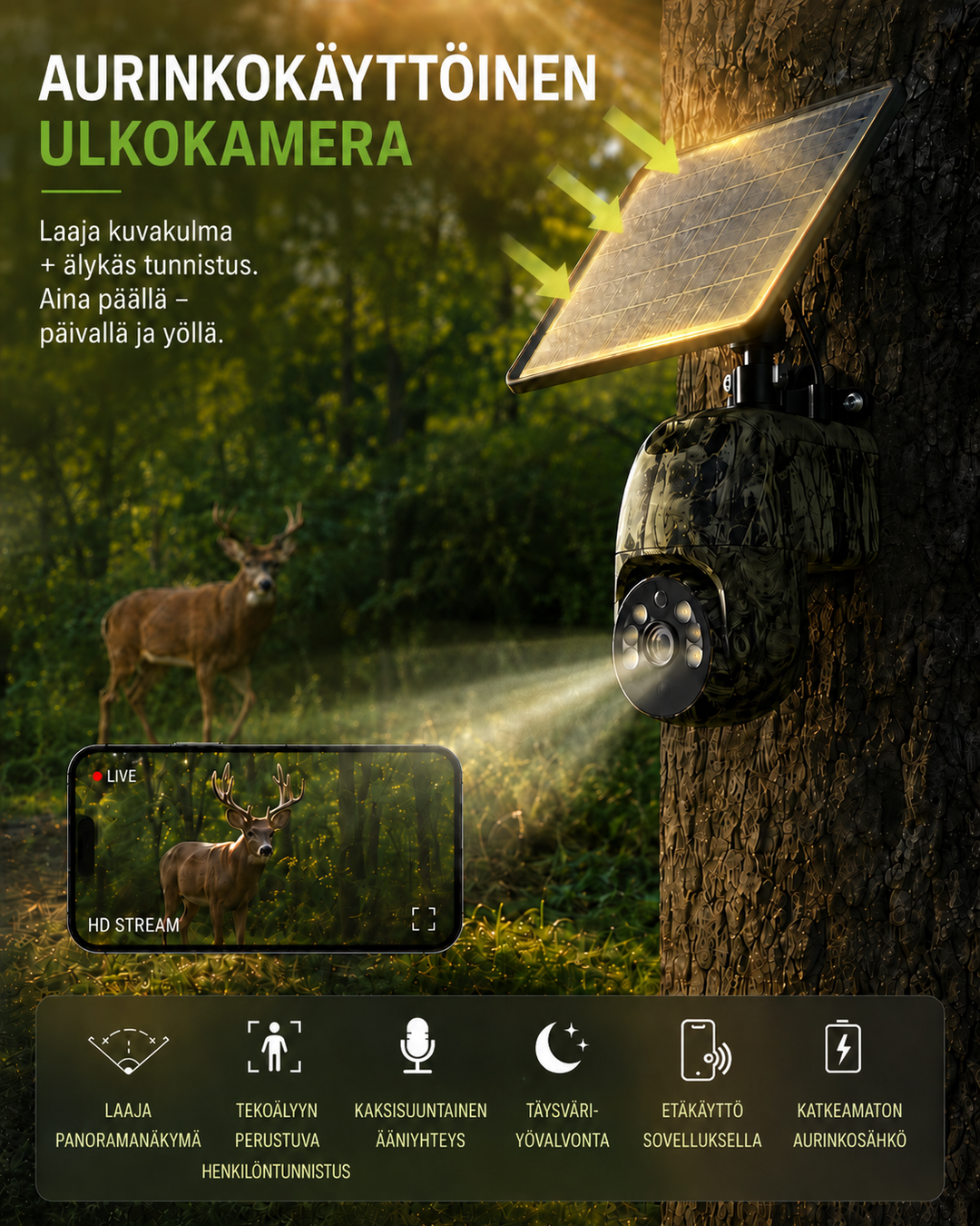 Solar-Powered Wireless Security Camera with 4G LTE or Wi-Fi, 2K, PTZ, Night Vision