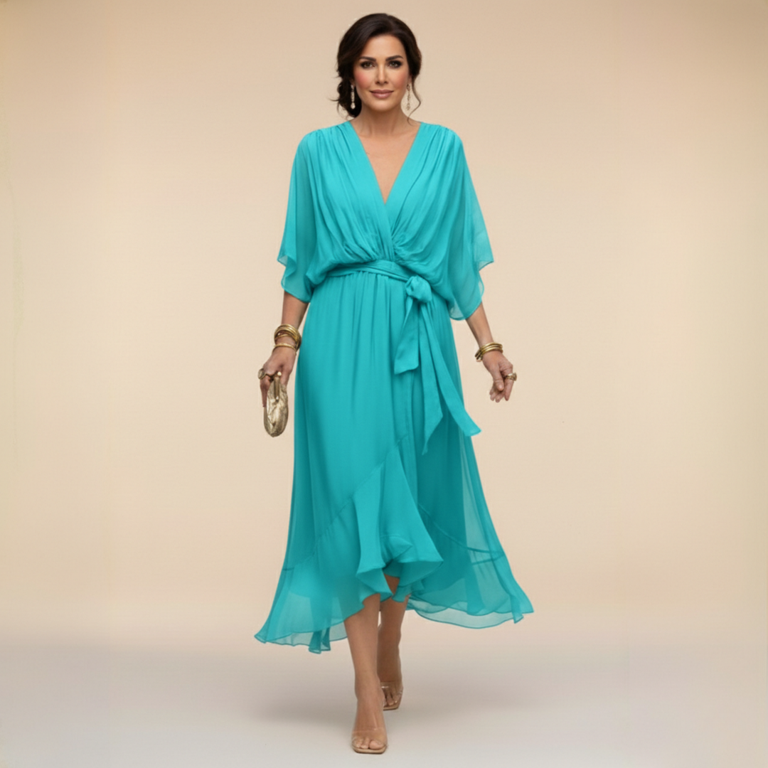 Elegant, flowing women's midi dress – V-neck & adjustable waist