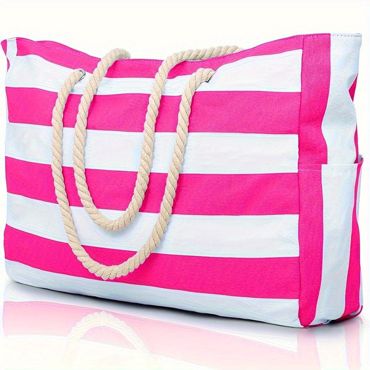 Large-Capacity Striped Beach Bag – Durable Polyester with Zip