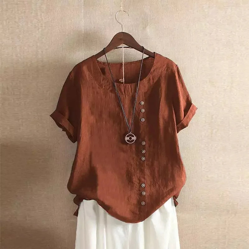 Elegant Cotton Women's Blouse with Short Sleeves and Button Details