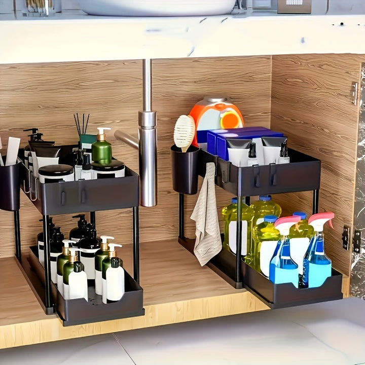 2-Tier Organiser with Hooks and Cup – Smart, Stable Storage System for Under the Sink or Worktop