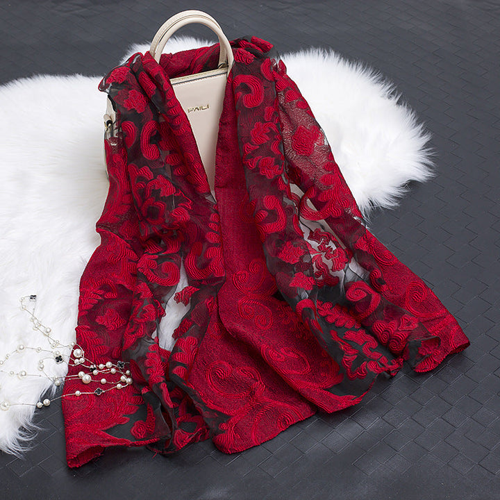 Silk Scarf with Cut Flower Pattern and Blank Motif