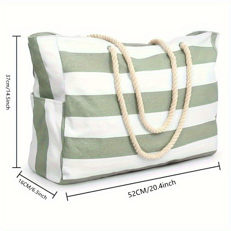 Large-Capacity Striped Beach Bag – Durable Polyester with Zip