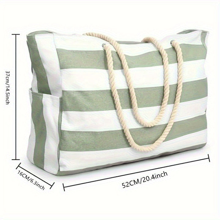 Large-Capacity Striped Beach Bag – Durable Polyester with Zip