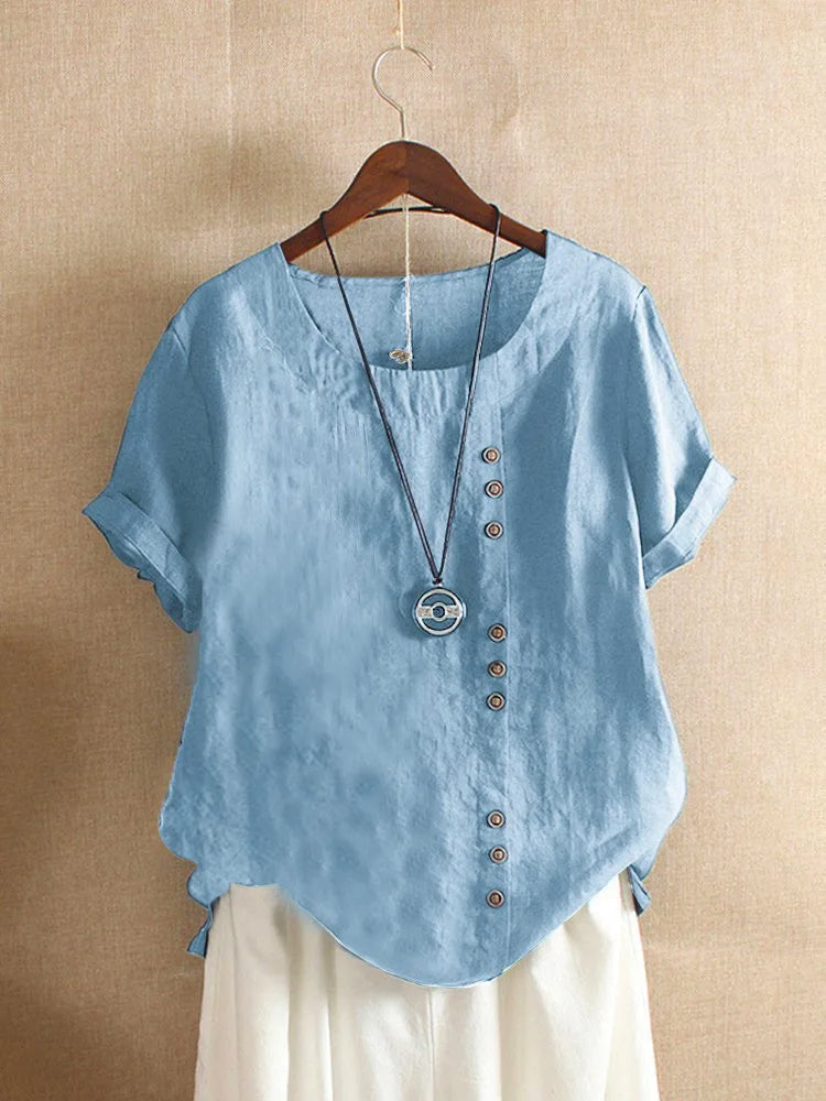 Elegant Cotton Women's Blouse with Short Sleeves and Button Details