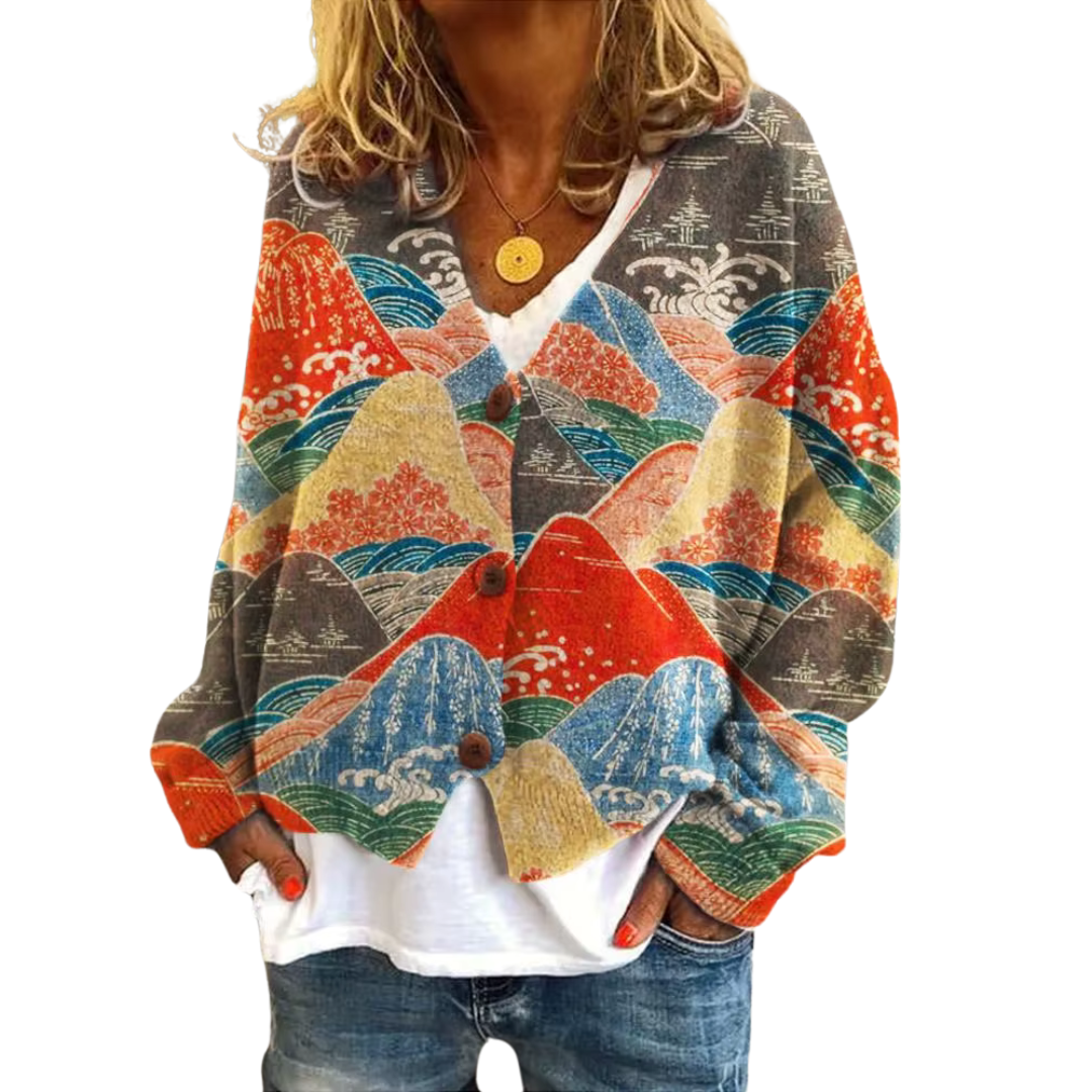 Loose Fit Knitted Cardigan with Abstract Print