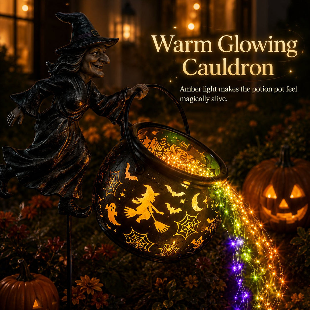 Halloween Witch's Cauldron Garden Lamp with Colourful Glow and Spooky Projections