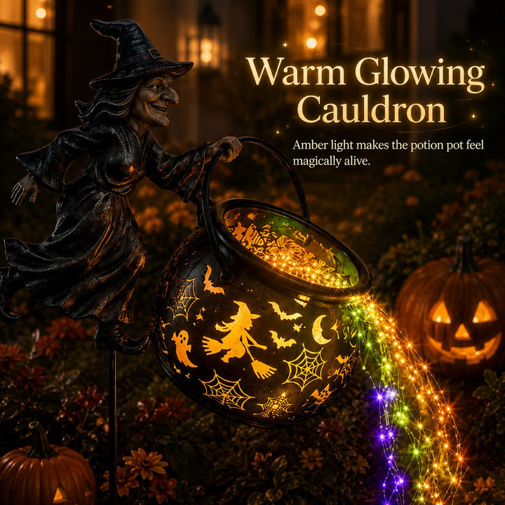 Halloween Witch's Cauldron Garden Lamp with Colourful Glow and Spooky Projections