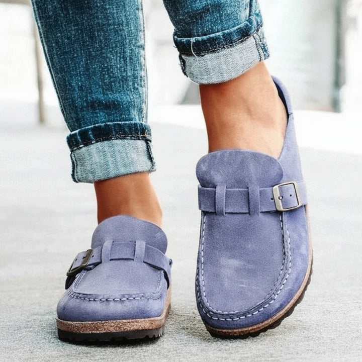 Frosted Suede Round Head Belt Buckle One Pedal Flat Comfortable Foam Bottom Slippers