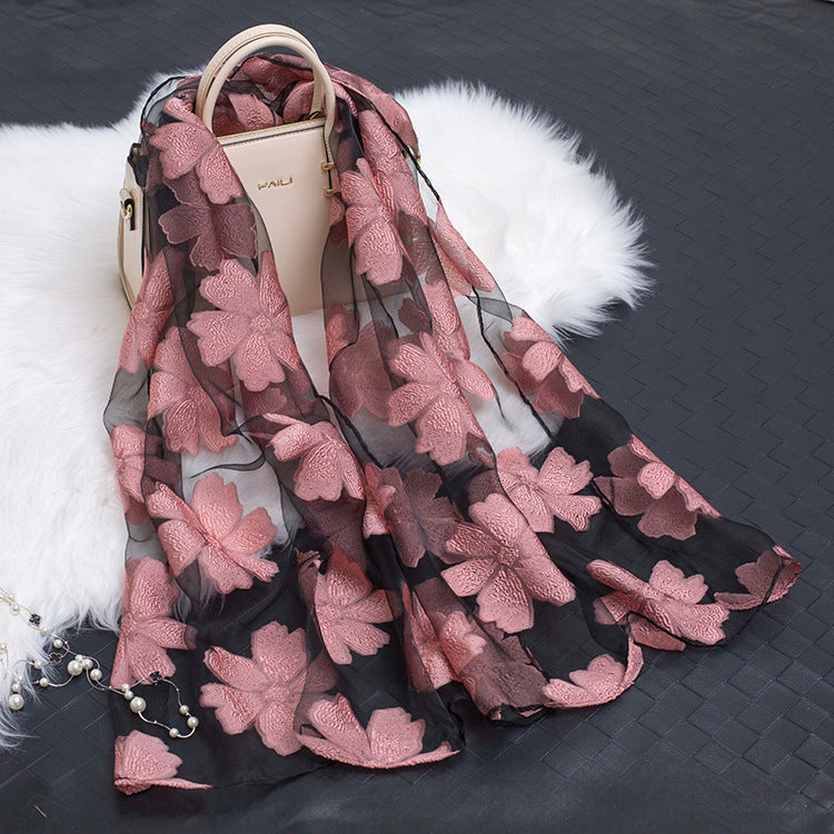 Silk Scarf with Cut Flower Pattern and Blank Motif