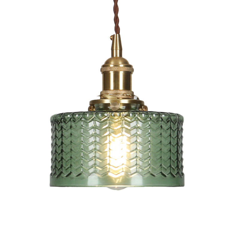 Short Cylindrical Retro Pendant Lamp in Clear/Green Ribbed Glass with Brass Rotary Switch