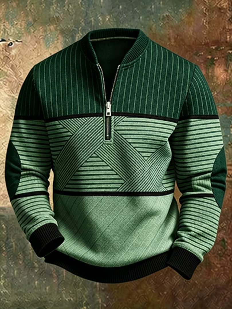 Men's jumper with stand-up collar, graphic pattern and half zip