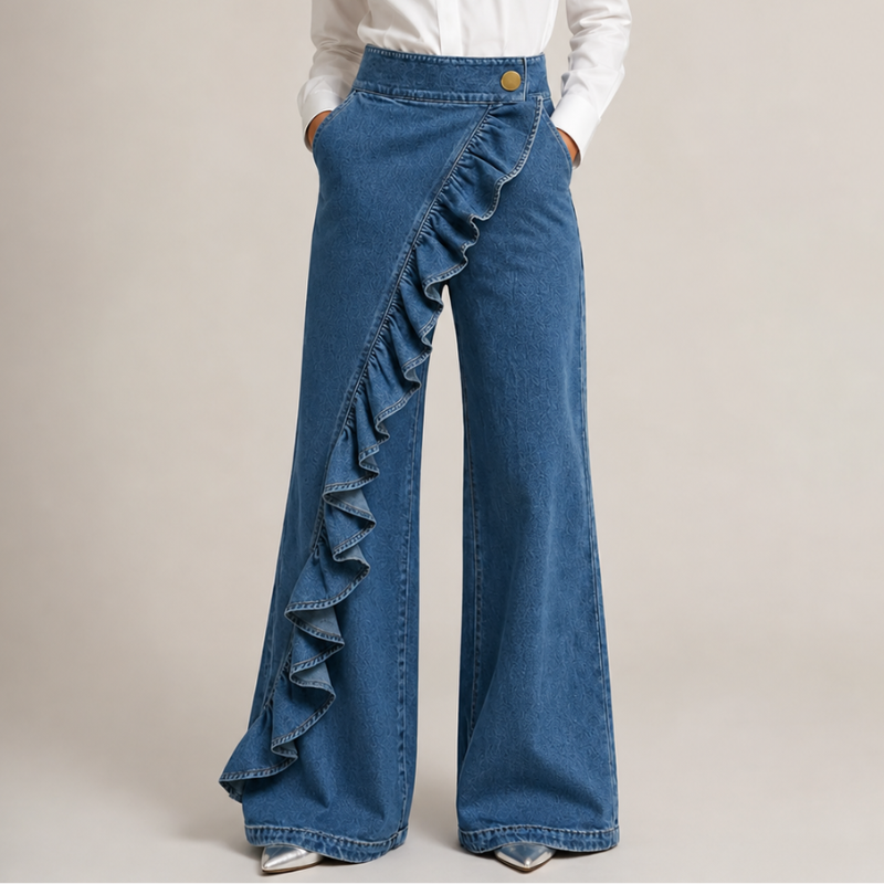 Wide-Leg Women's Jeans with Asymmetric Flounce in Culotte Style.