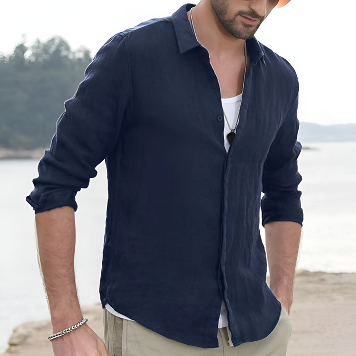 Vintage Solid Linen Shirt with Turn-Down Collar