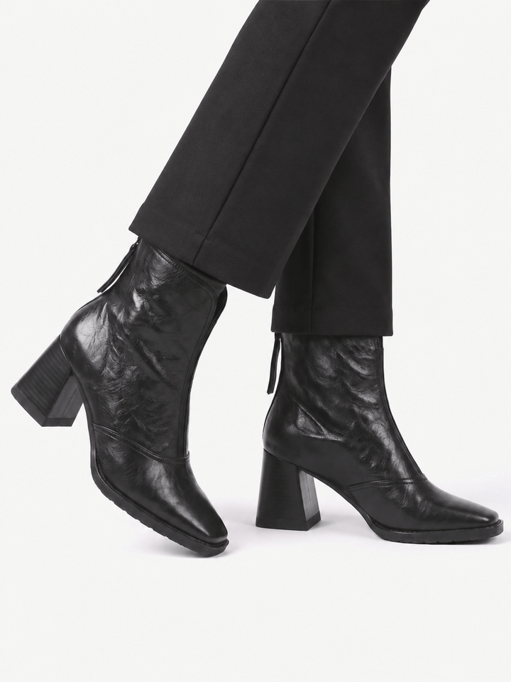 Women's Zip-Up Leather Ankle Boots with Block Heel