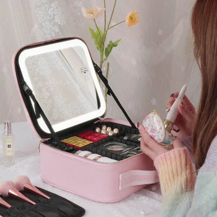 GlowLuxe LED Vanity Case | Portable Beauty Organizer with Adjustable LED Mirror for a Flawless Makeup Look