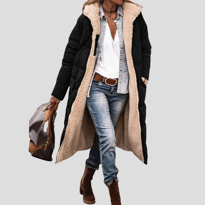 Women’s Long Reversible Winter Coat – Hooded with Teddy Lining