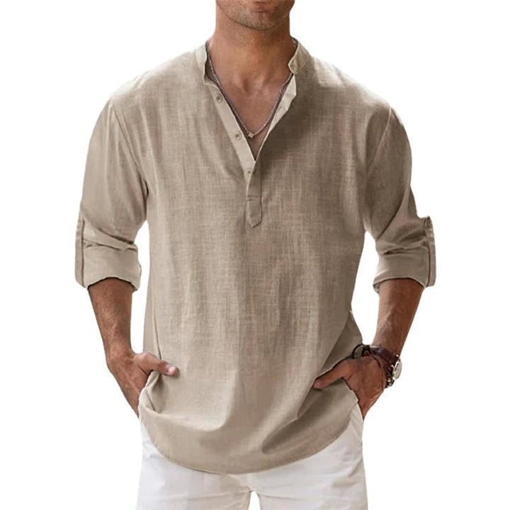 Men's Linen Henley Shirt, Relaxed Button-Placket Top for Summer