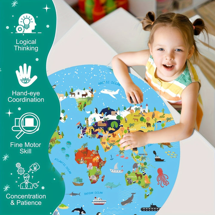 70-Piece Floor Puzzle – Round World Map Design for Children