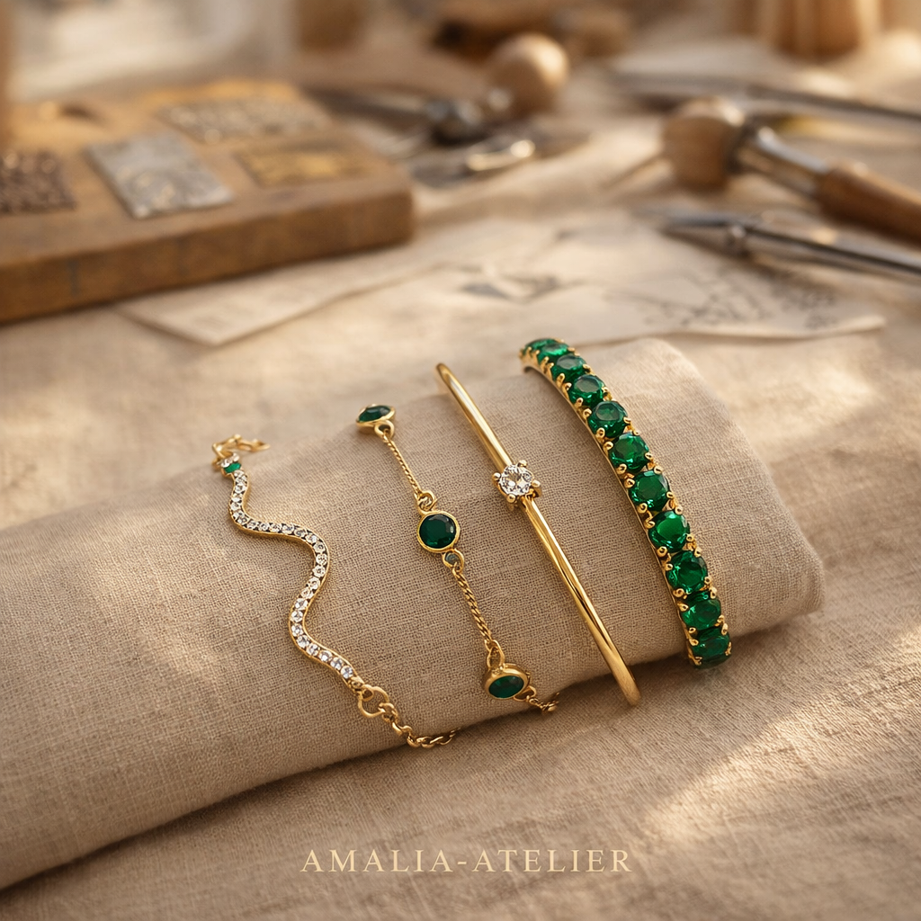 Gold-Coloured Bracelet Set with Emerald-Green Stones