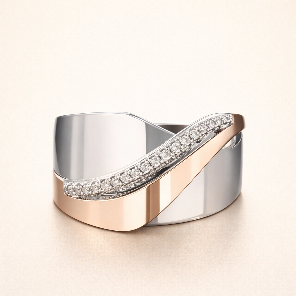 Vintage rose gold and silver ring with cubic zirconia