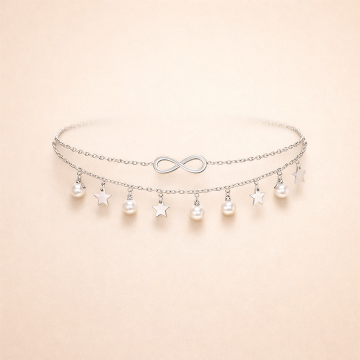 Endless white gold anklet with pearls and stars