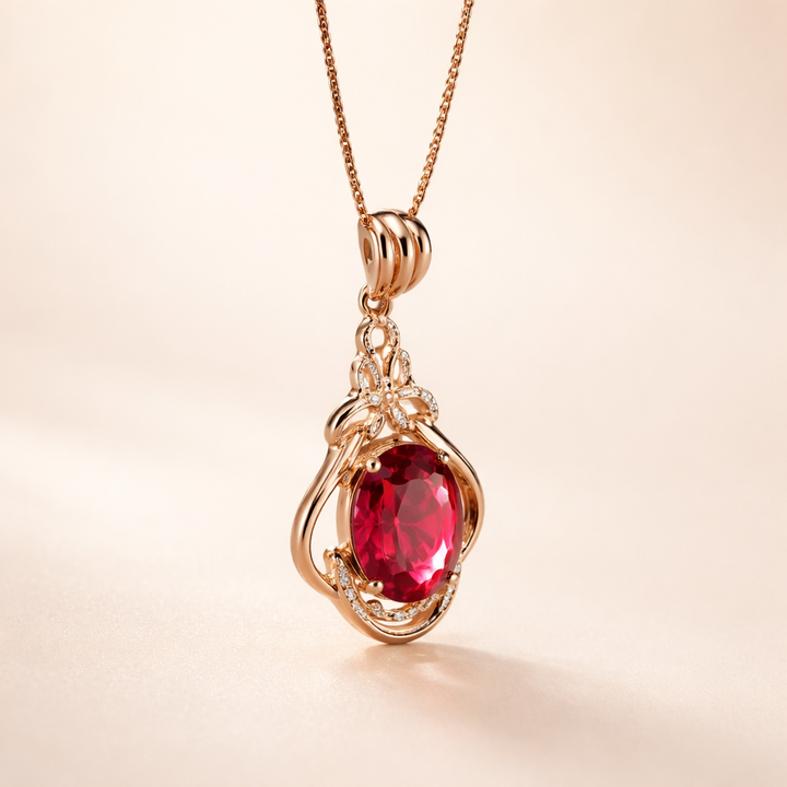 Elegant gold necklace with red crystal accents