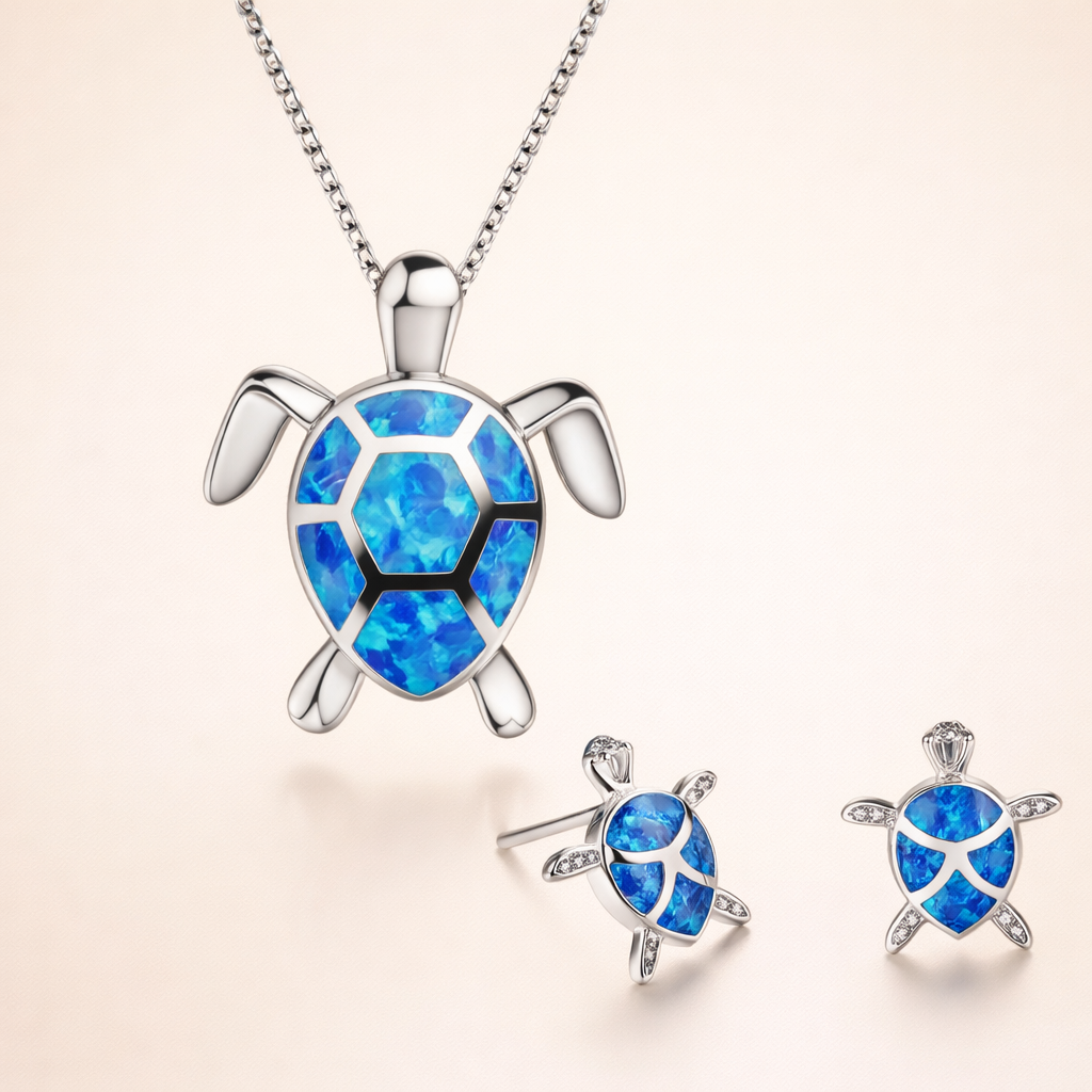 Sea Turtle Necklace + Earrings Set in Opal and Silver