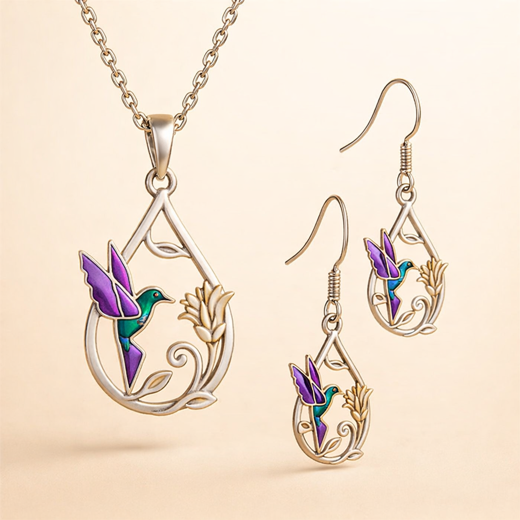 Beautiful Hummingbird Necklace for Women with Bonus Earrings