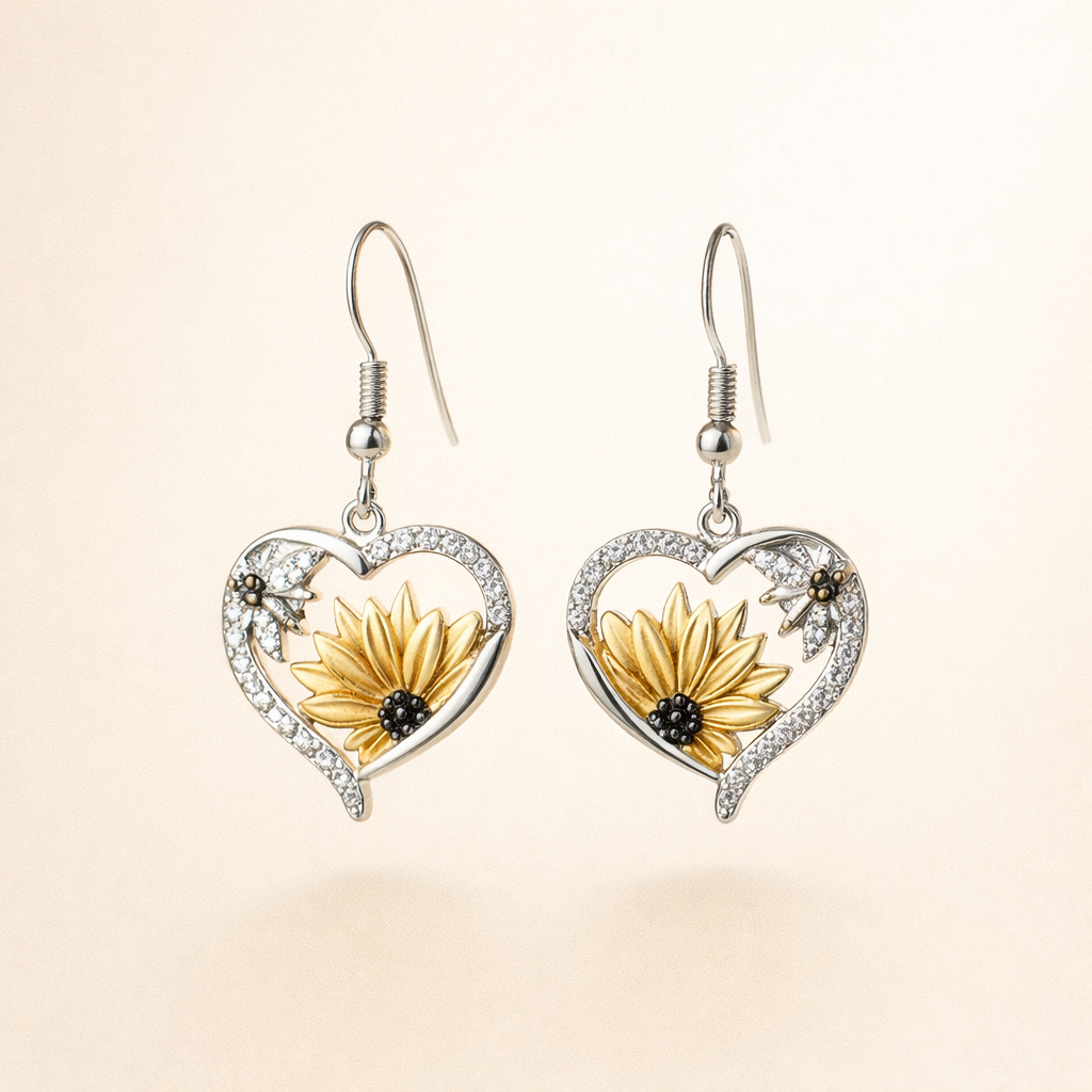 Vintage Boho Sunflower & Bee Heart Dangle Earrings