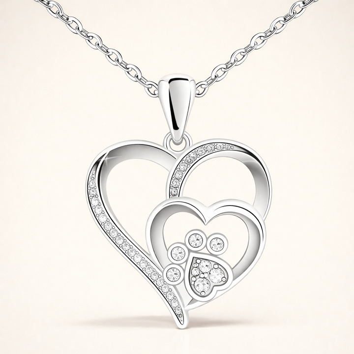 Sterling Silver Paw & Heart Necklace with Zirconia