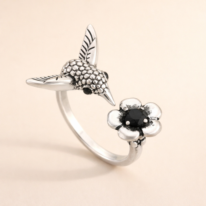 Hummingbird & Flower Ring – Adjustable Open Bird Ring for Women