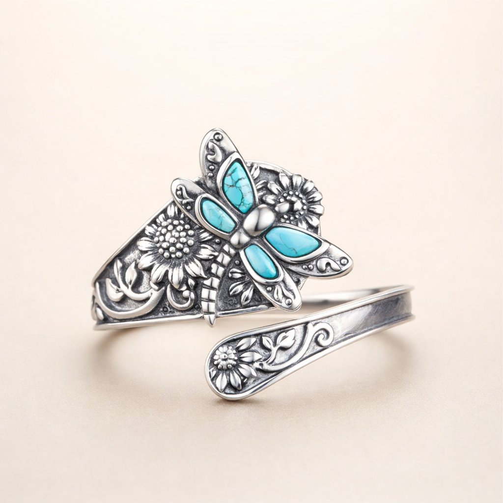 Sterling Silver Turquoise Spoon Ring – Vintage Boho Wrap Ring with Dragonfly
