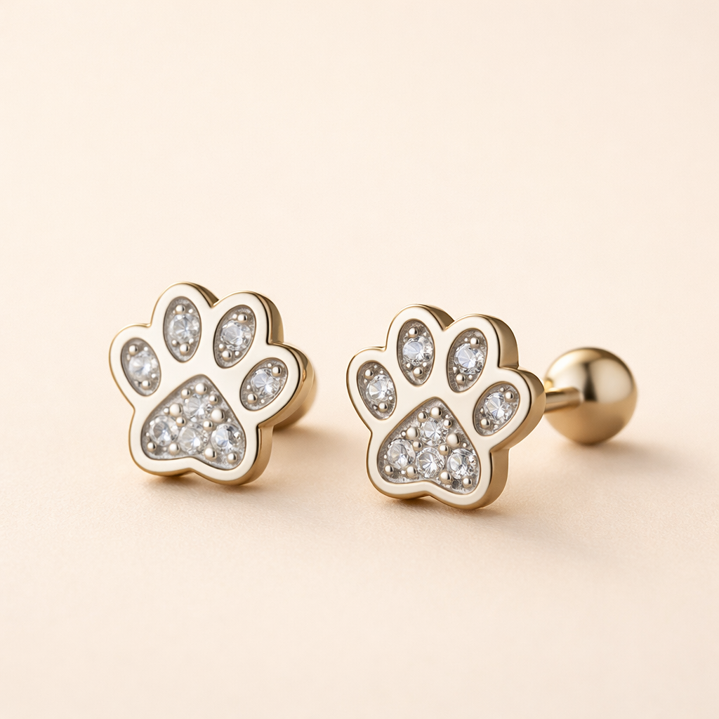 Sterling Silver Paw Print Stud Earrings – Crystal Accent