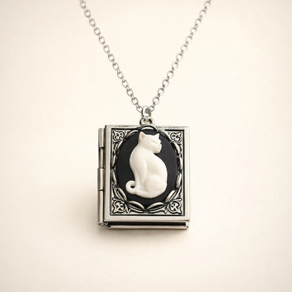 Vintage Cat Book Pendant Necklace – Rotating Page Design