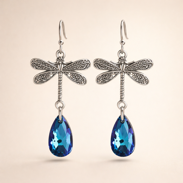 Vintage Blue Cubic Zirconia Dragonfly Earrings
