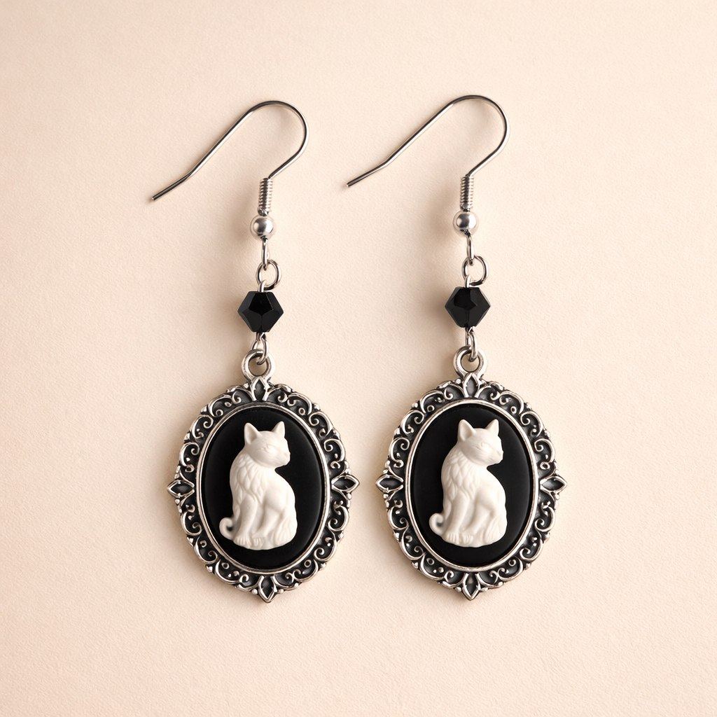 Vintage White Cat Earrings – Silver Frame Jewellery for Women