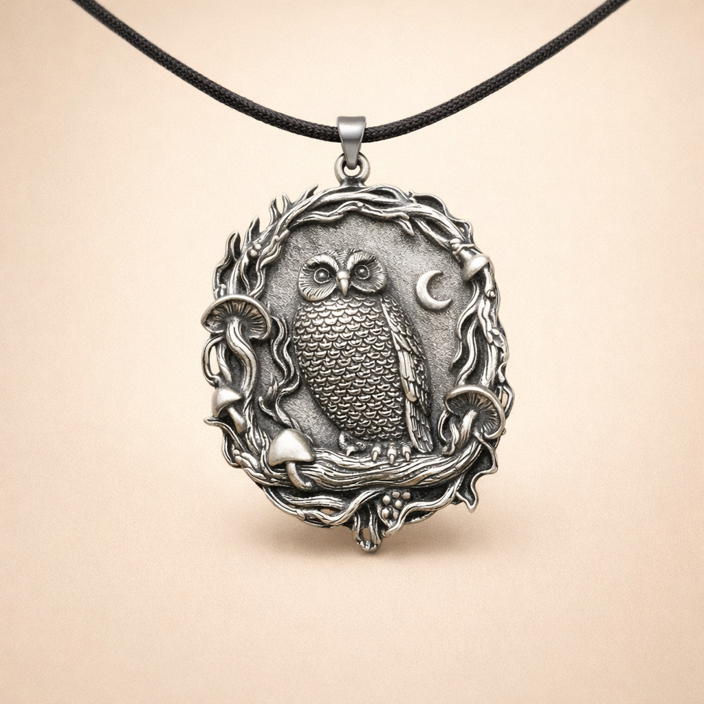 Mystical Owl Moon Mushroom Pendant Necklace