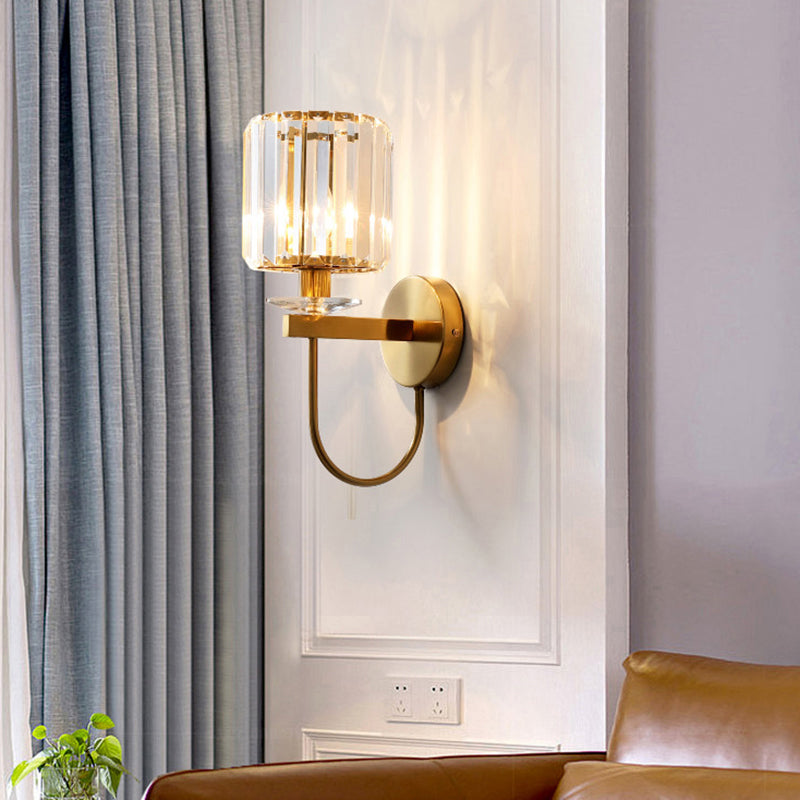 Postmodern Cylindrical Crystal Wall Light, 1-Head Gold Finish with Curved Arm